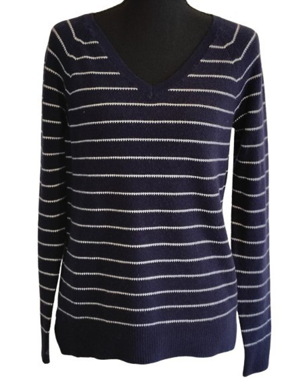 GAP Brooklyn V-Neck Sweater Small S Navy Blue Striped Merino Wool Blend Fall18